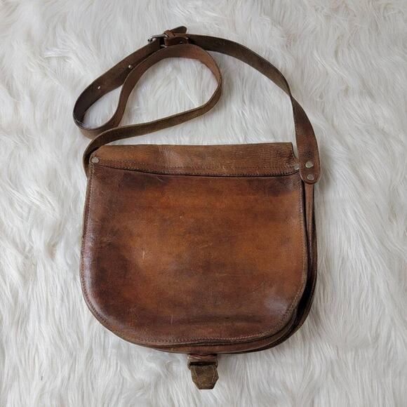 Vintage 70s Saddle Chestnut Crossbody Satchel Messenger Tote Bag - Picture 2 of 7